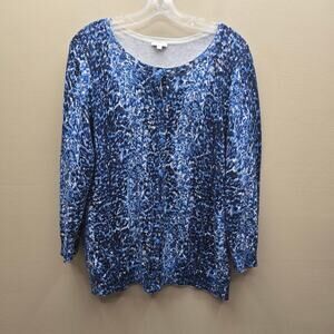 Talbots Leopard Print 100% Cotton Button Front Cardigan Sweater Blue Size XL